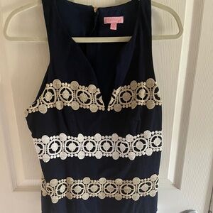 Navy & White Shift Dress with Lace Detail